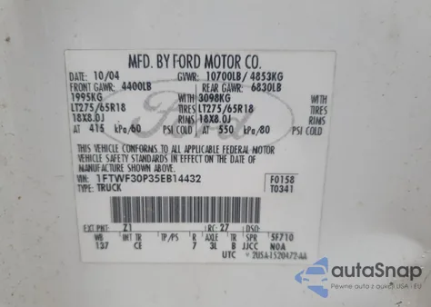 2005 Ford F350 Srw Super Duty из США, поврежденный, VIN 1FTWF30P35EB14432